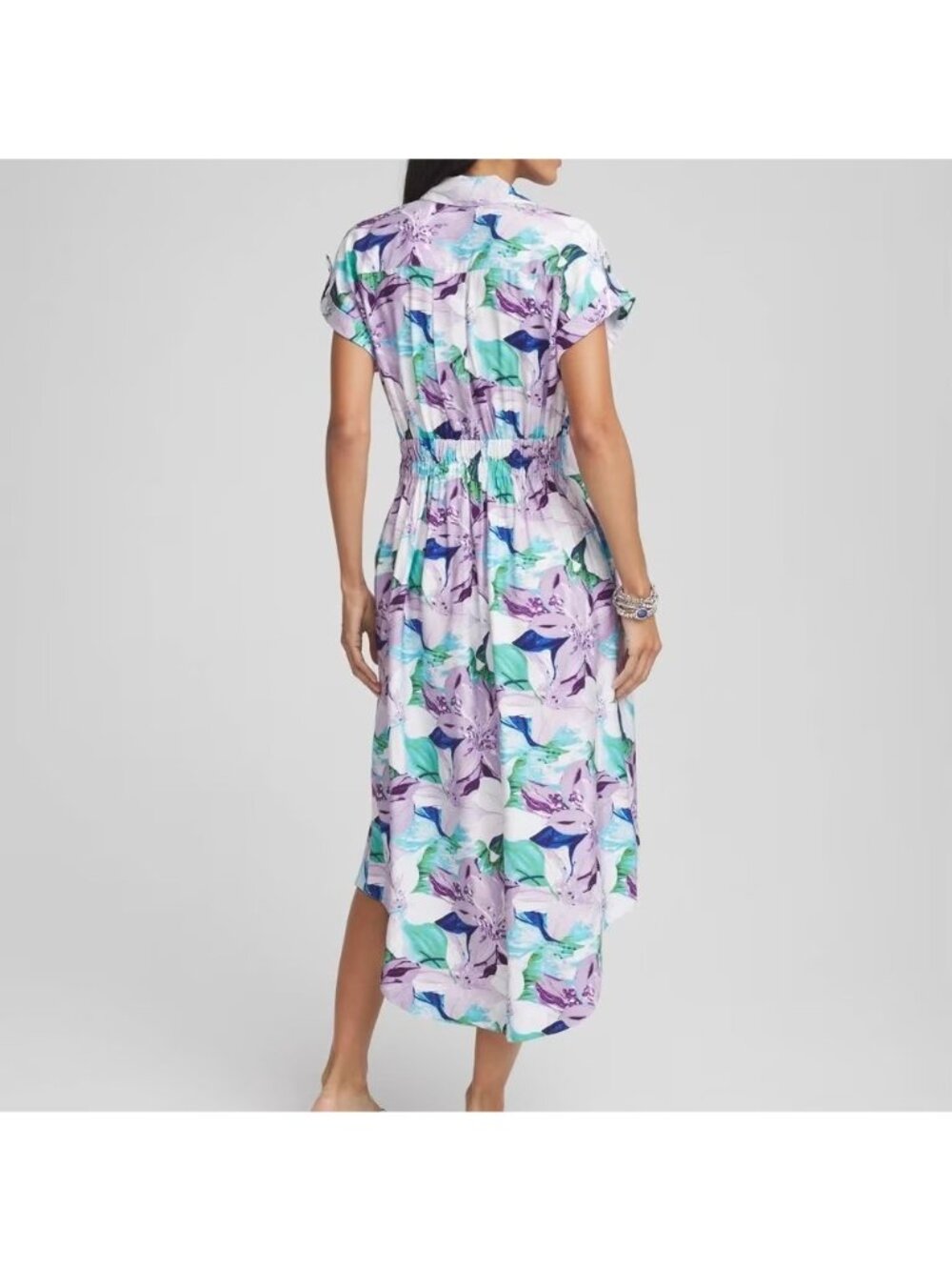 Chicos Women Midi Dress Size XL Floral Belted Shirtdress Tropical Boho Resort - Picture 3 of 16
